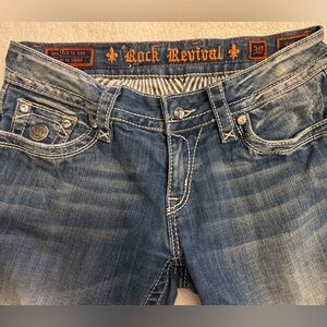 Rock Revival Celine distressed jean capris with beautiful rhinestone accents